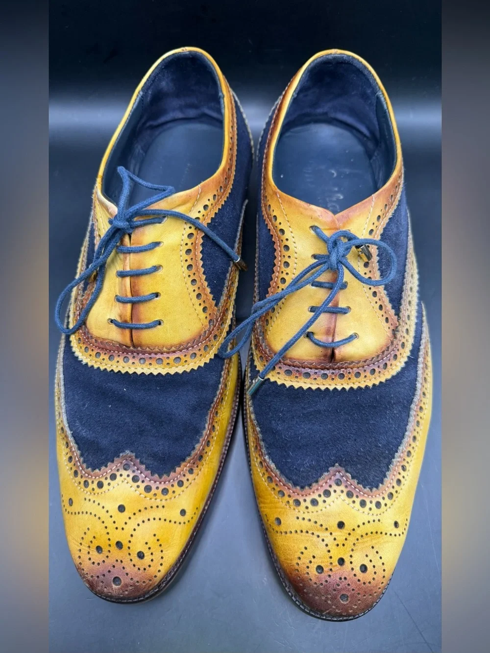 Lethato Wingtip Brogue Men's Two-Tone Brogue Oxfords - Yellow/Navy, Size:10.5/11